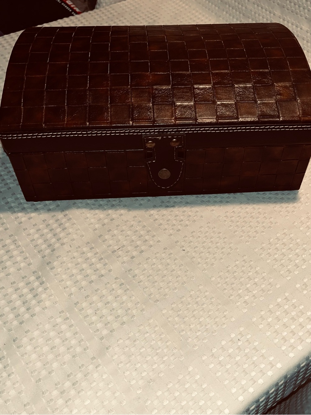 Brown Faux Leather Woven Storage Keepsake Box with Snap Closure